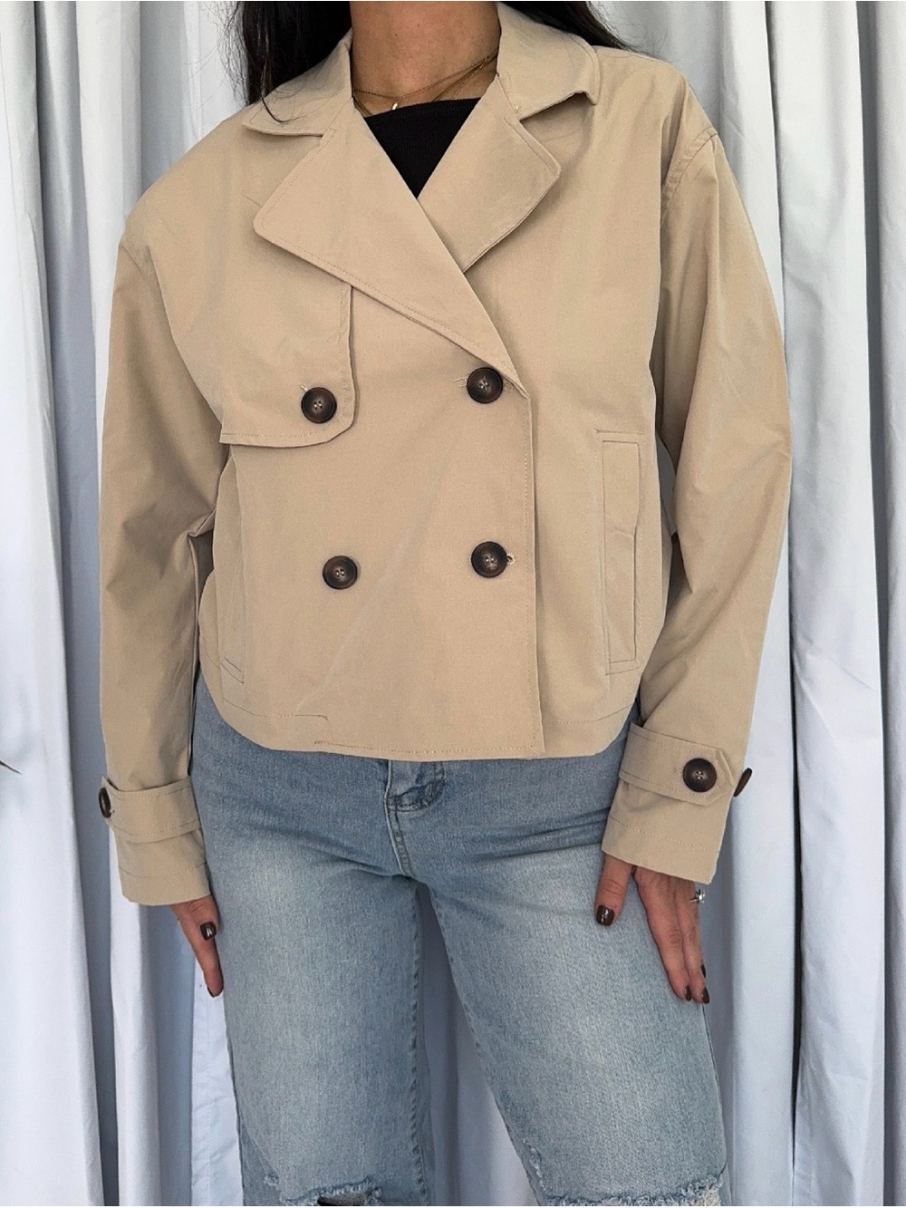 Active USA Cropped Beige Double-Breasted Trench Jacket